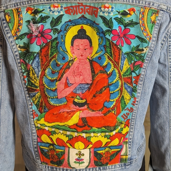 Up cycled French Connection Moto denim jacket, sz S - Picture 2 of 7